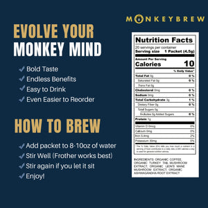 Monkey Brew Rise & Focus: Organic Dark Roast Arabica Mushroom Coffee - 1,750mg Adaptogenic Blend w/Lion’s Mane, Turkey Tail, KSM-66 Ashwagandha, Fruiting Body Only, Promotes Energy Focus & Immunity