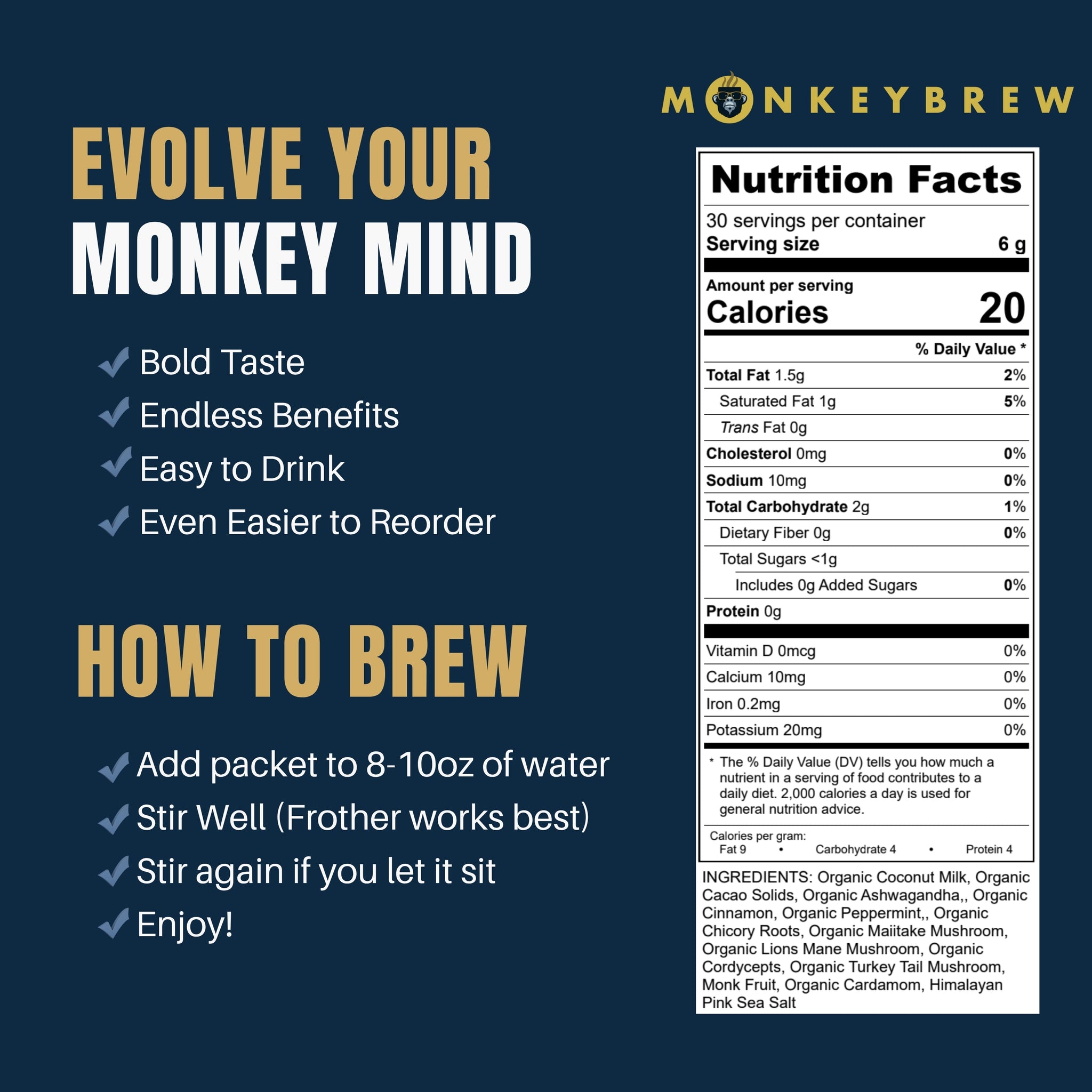 Monkey Brew - Mushroom Coffee Alternative - Lion's Mane, Ashwagandha - 30 Servings