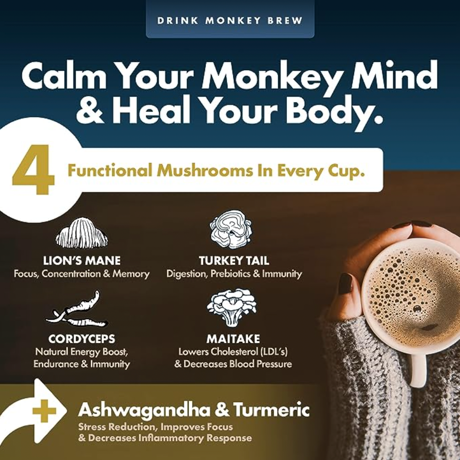 Monkey Brew - Mushroom Coffee Alternative - Lion's Mane, Ashwagandha - 30 Servings